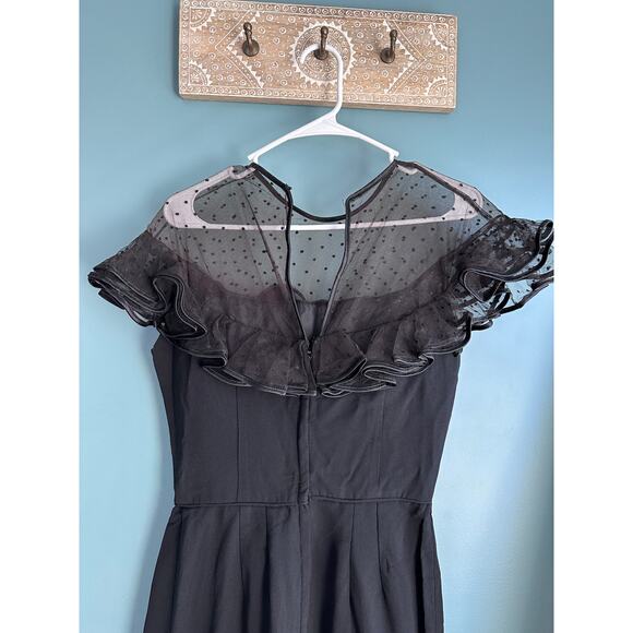 1960s Black Silk Wiggle Dress w/ Swiss Dot Sheer Panel - Picture 2 of 8